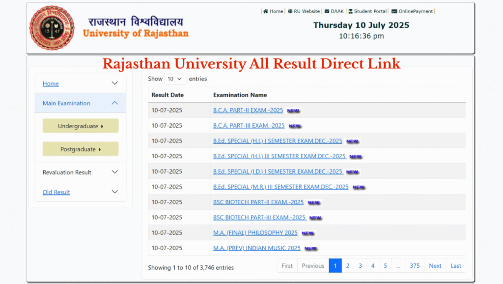 Rajasthan University All Result Direct Link