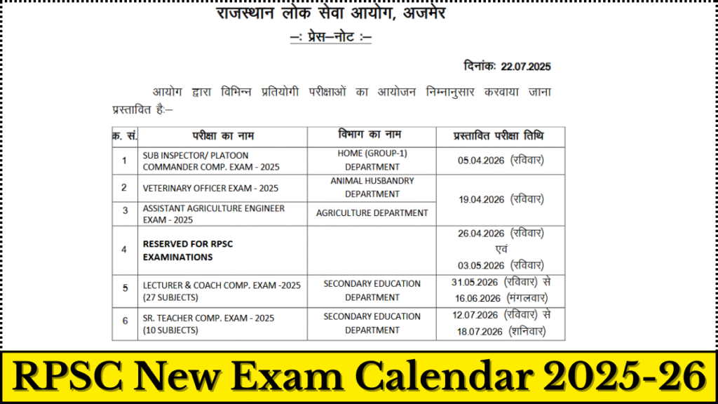 RPSC New Exam Calendar 2025-26