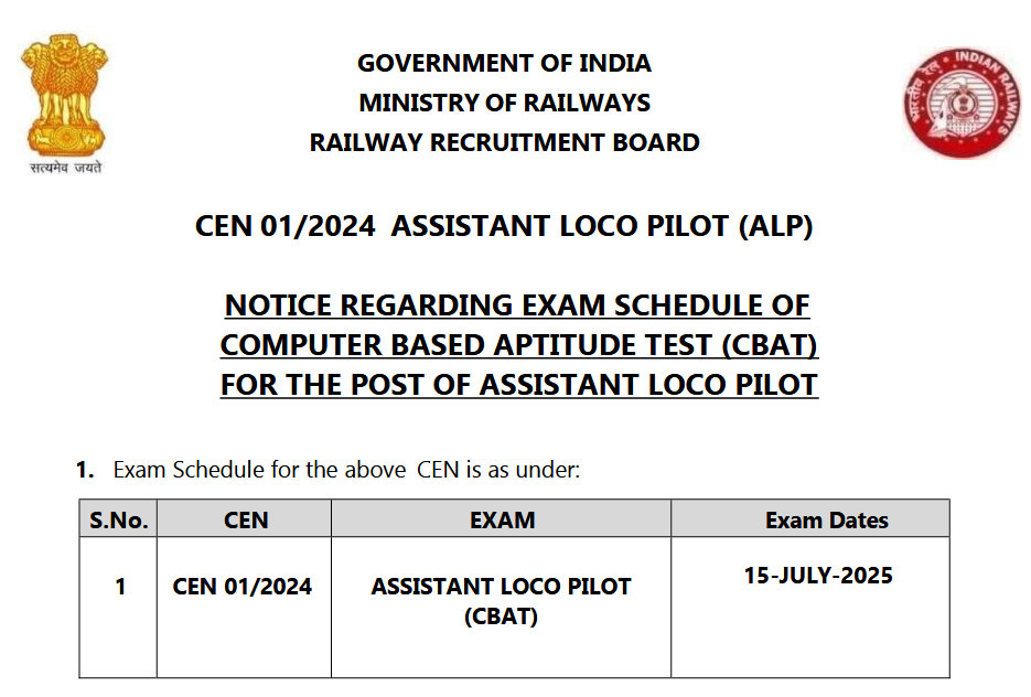 Railway ALP CBAT Exam Date and Admit Card 2025 Out